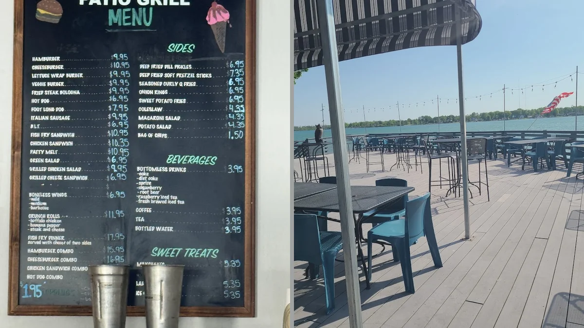 Casual bar and grill with open-air tables.